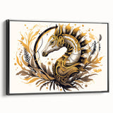 Framed wall art featuring a vibrant seahorse design on a textured canvas, set against a sleek black frame, perfect for marine life enthusiasts and modern decor.