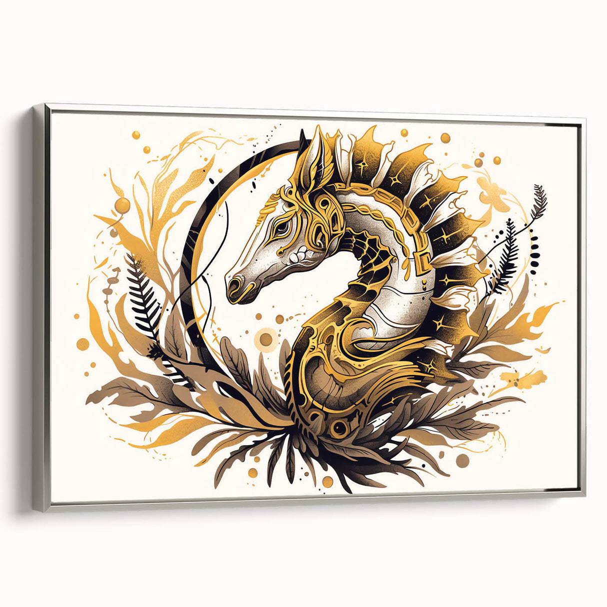 Framed wall art featuring a silver side view of a detailed seahorse design in a marine life collection, perfect for ocean-themed home decor.