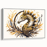 Framed wall art featuring a vibrant seahorse design on a canvas, showcasing intricate marine life details with a white frame, ideal for coastal-themed decor.