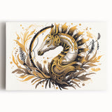 Colorful seahorse wall art design featured on stretched canvas, showcasing vibrant marine life details against a serene blue background, perfect for ocean-themed decor.