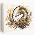 Colorful seahorse wall art displayed on stretched canvas, showcasing intricate marine life details and vibrant hues, perfect for ocean-themed decor.
