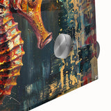 Close-up of a marine life-themed wall art piece featuring a vibrant seahorse design, printed on acrylic glass, showcasing intricate details and vivid colors ideal for coastal decor. Perfect for ocean enthusiasts and home decoration.