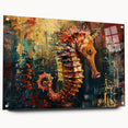 Acrylic wall art collection showcasing a vibrant marine life seahorse design in a side view, elegantly displayed with pins, perfect for coastal decor enthusiasts.