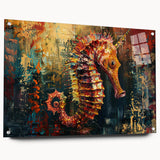 Acrylic wall art collection showcasing a vibrant marine life seahorse design in a side view, elegantly displayed with pins, perfect for coastal decor enthusiasts.
