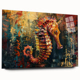 Seahorse-themed wall art design displayed in a sleek acrylic frame, showcasing intricate marine life details with vibrant colors, ideal for ocean-inspired decor.