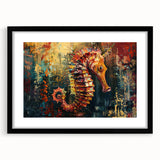 Stylish black-framed wall art featuring a detailed marine life seahorse design, perfect for ocean-themed decor, showcasing vibrant colors and intricate patterns. Ideal for enhancing living spaces or coastal aesthetics.