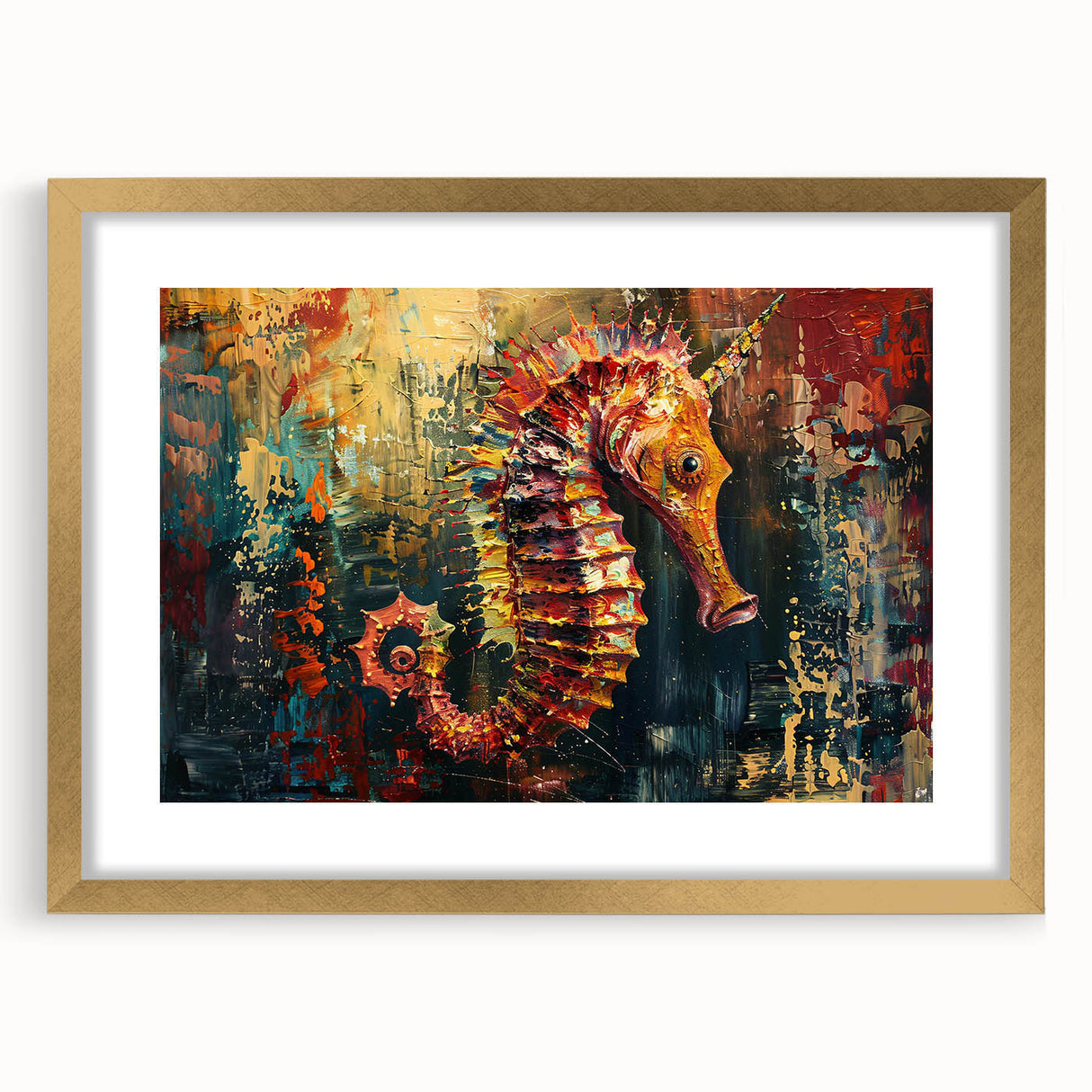 Framed wall art collection showcasing a vibrant seahorse design, featuring gold accents and a mat, perfect for marine life enthusiasts and coastal decor lovers.