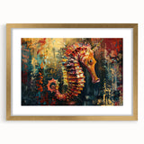 Framed wall art collection showcasing a vibrant seahorse design, featuring gold accents and a mat, perfect for marine life enthusiasts and coastal decor lovers.