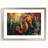 Framed wall art showcasing a detailed seahorse design, set in a silver frame with a mat, perfect for marine life enthusiasts and coastal decor lovers.