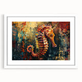Framed wall art featuring a vibrant marine life design showcasing a seahorse, with a white mat and frame, ideal for ocean-themed decor in living spaces.