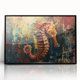 Framed wall art featuring a vibrant seahorse design, showcasing detailed marine life in vivid colors against a sleek black frame, perfect for coastal-themed decor.