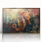 Framed wall art collection featuring a vibrant marine life seahorse design with gold accents, showcasing intricate details on an acrylic surface, perfect for ocean-themed decor.