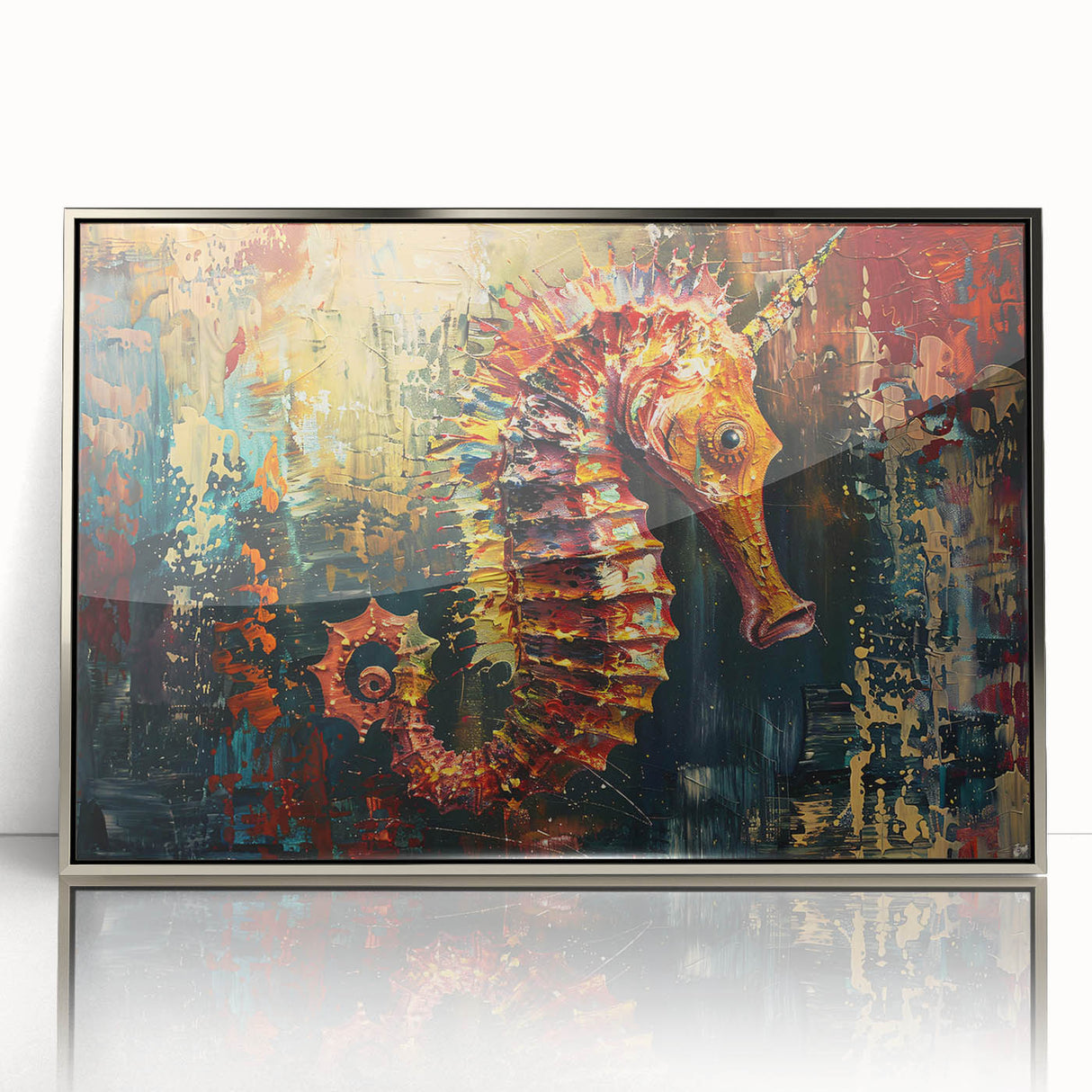 Framed wall art showcasing a stunning silver-accented seahorse design, ideal for marine life enthusiasts, adding a coastal touch to home decor.
