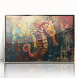 Framed wall art showcasing a stunning silver-accented seahorse design, ideal for marine life enthusiasts, adding a coastal touch to home decor.