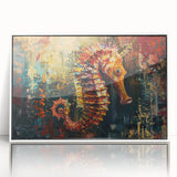 Framed wall art collection showcasing a vibrant marine life seahorse design in acrylic, featuring a sleek white frame, perfect for ocean-themed decor.