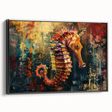 Framed canvas wall art featuring a vibrant seahorse design in shades of blue and green, showcasing intricate marine life details against a sleek black frame, perfect for ocean-themed decor.