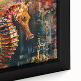 Close-up of a framed canvas wall art featuring a vibrant marine life design, showcasing a detailed seahorse illustration in bright colors, perfect for ocean-inspired decor.