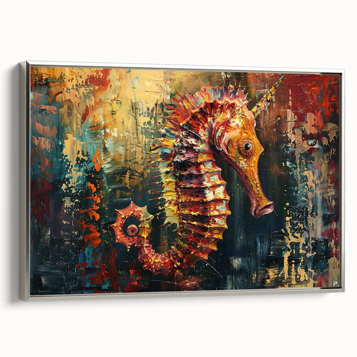 Framed canvas wall art showcasing a silver side view of a vibrant seahorse design, perfect for marine life enthusiasts and coastal-themed decor.