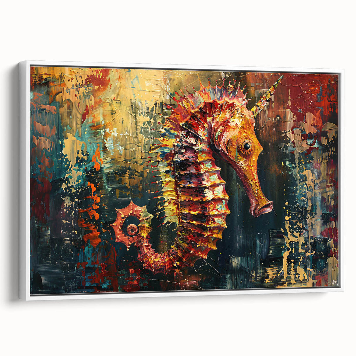 Framed canvas wall art showcasing an elegant seahorse design in vibrant colors, ideal for marine life enthusiasts, displayed against a clean white background.