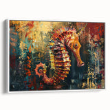 Framed canvas wall art showcasing an elegant seahorse design in vibrant colors, ideal for marine life enthusiasts, displayed against a clean white background.