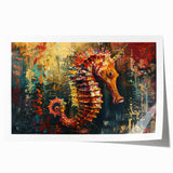 Vibrant rolled print of a marine life seahorse design, showcasing intricate details and colors, ideal for ocean-themed decor or coastal art collections.