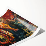 Colorful marine life seahorse wall art print, showcasing intricate details and vibrant hues, perfect for ocean-themed decor. Rolled for easy framing and display.