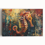 Colorful seahorse design on stretched canvas wall art, showcasing intricate marine life details against a vibrant ocean-themed background, perfect for coastal decor.