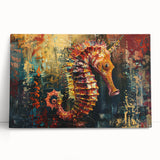 Vibrant wall art featuring a detailed seahorse design on stretched canvas, ideal for marine-themed decor, showcasing intricate colors and textures. Perfect for enhancing coastal aesthetics.