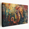 Stretched canvas wall art featuring a vibrant marine life design, showcasing a colorful seahorse in a side view. Perfect for ocean-themed decor and nature enthusiasts.