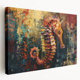 Stretched canvas wall art featuring a vibrant marine life design, showcasing a colorful seahorse in a side view. Perfect for ocean-themed decor and nature enthusiasts.