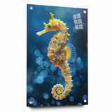 Seahorse-themed wall art collection featuring a vibrant acrylic glass design, displayed from a side view with decorative pins, perfect for marine life enthusiasts.