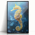 Framed wall art featuring a detailed marine life seahorse design, set in a sleek black frame, showcasing vibrant colors and intricate patterns, perfect for ocean-themed decor.