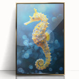 Framed wall art featuring an elegant gold-accented seahorse design, showcasing vibrant marine life colors against a sleek acrylic backdrop, perfect for ocean-themed decor.