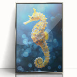 Framed wall art featuring a detailed silver-accented seahorse design, beautifully presented in acrylic, perfect for marine life enthusiasts and home decor.