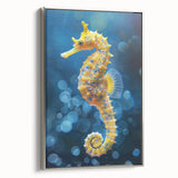 Framed canvas wall art showcasing a detailed seahorse design in vibrant colors, set against a silver background, perfect for marine life enthusiasts.