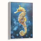 Framed canvas wall art featuring a detailed design of a vibrant seahorse, showcasing intricate marine life elements against a minimalist white background, perfect for ocean-themed decor.