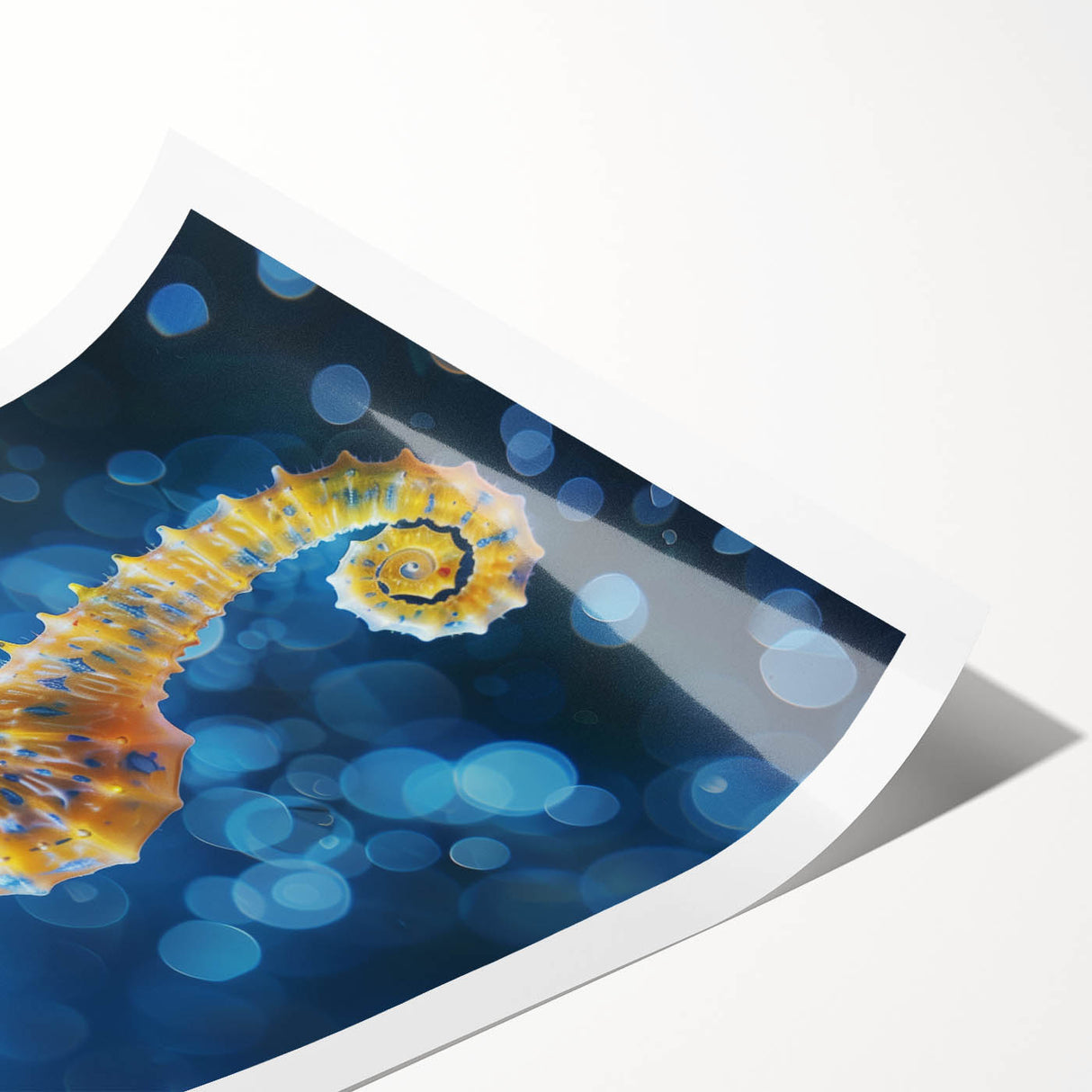 Vibrant wall art print showcasing a colorful marine life seahorse design, perfect for ocean-themed decor. Ideal for enhancing living spaces or coastal interiors.