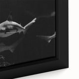 Close-up of a framed canvas wall art piece showcasing a vibrant marine life shark design, featuring intricate details and bold colors, ideal for ocean-themed decor.