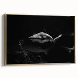 Framed wall art showcasing a vibrant shark design on a canvas, featuring gold accents and a sleek side view, perfect for marine life enthusiasts.