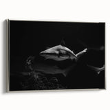 Framed canvas wall art featuring a sleek silver side view of a marine life shark design, showcasing vibrant colors and intricate details, perfect for ocean-themed decor.