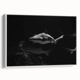 Framed wall art featuring a vibrant shark design in a marine life theme, set against a white background, showcasing intricate details and textures, perfect for ocean lovers.