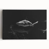 Stretched canvas wall art featuring a striking shark design with vibrant blue tones and intricate details, perfect for marine life enthusiasts and ocean-themed decor.