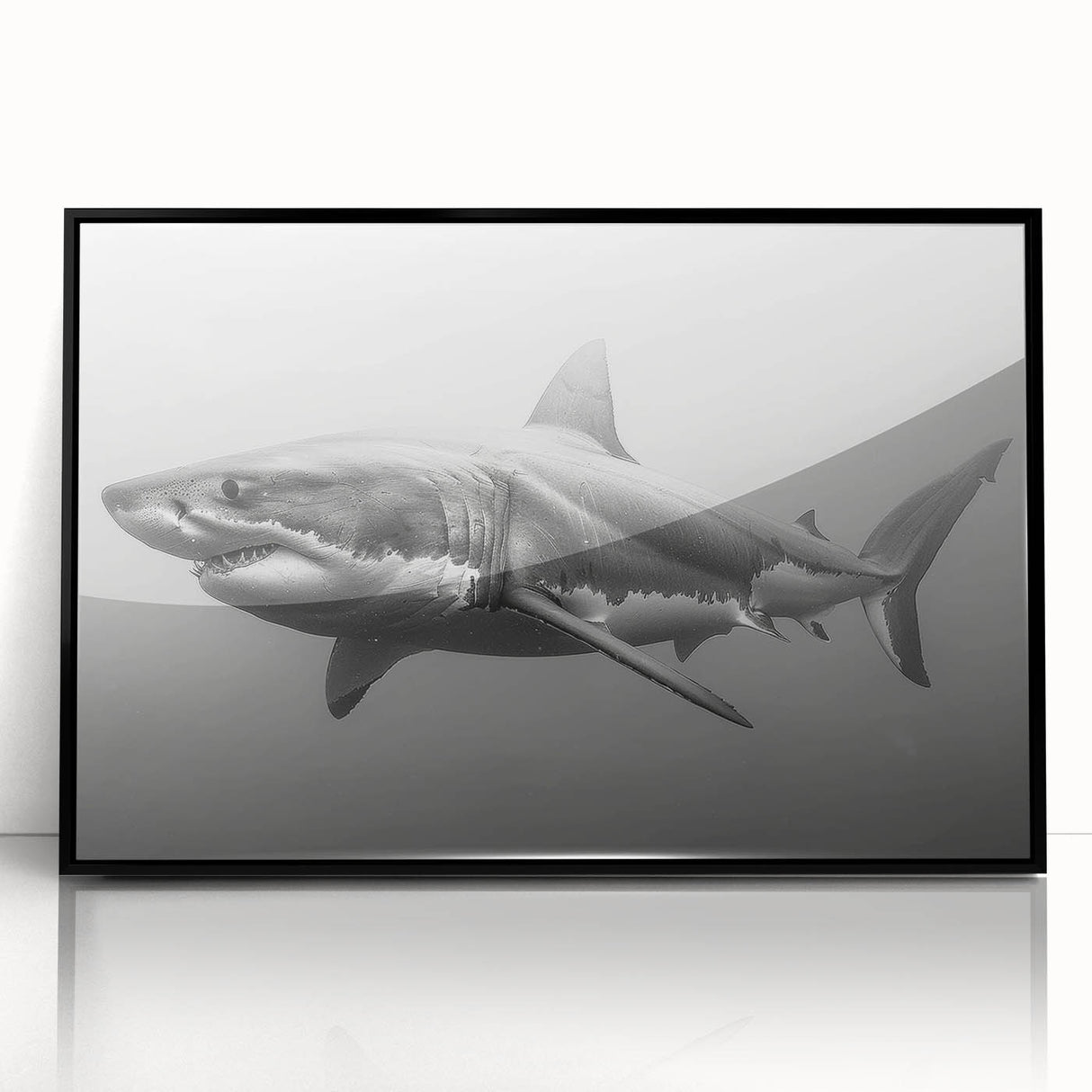 Framed wall art depicting a sleek black shark design against a vibrant marine life background, showcasing intricate details and bold colors, perfect for ocean enthusiasts.