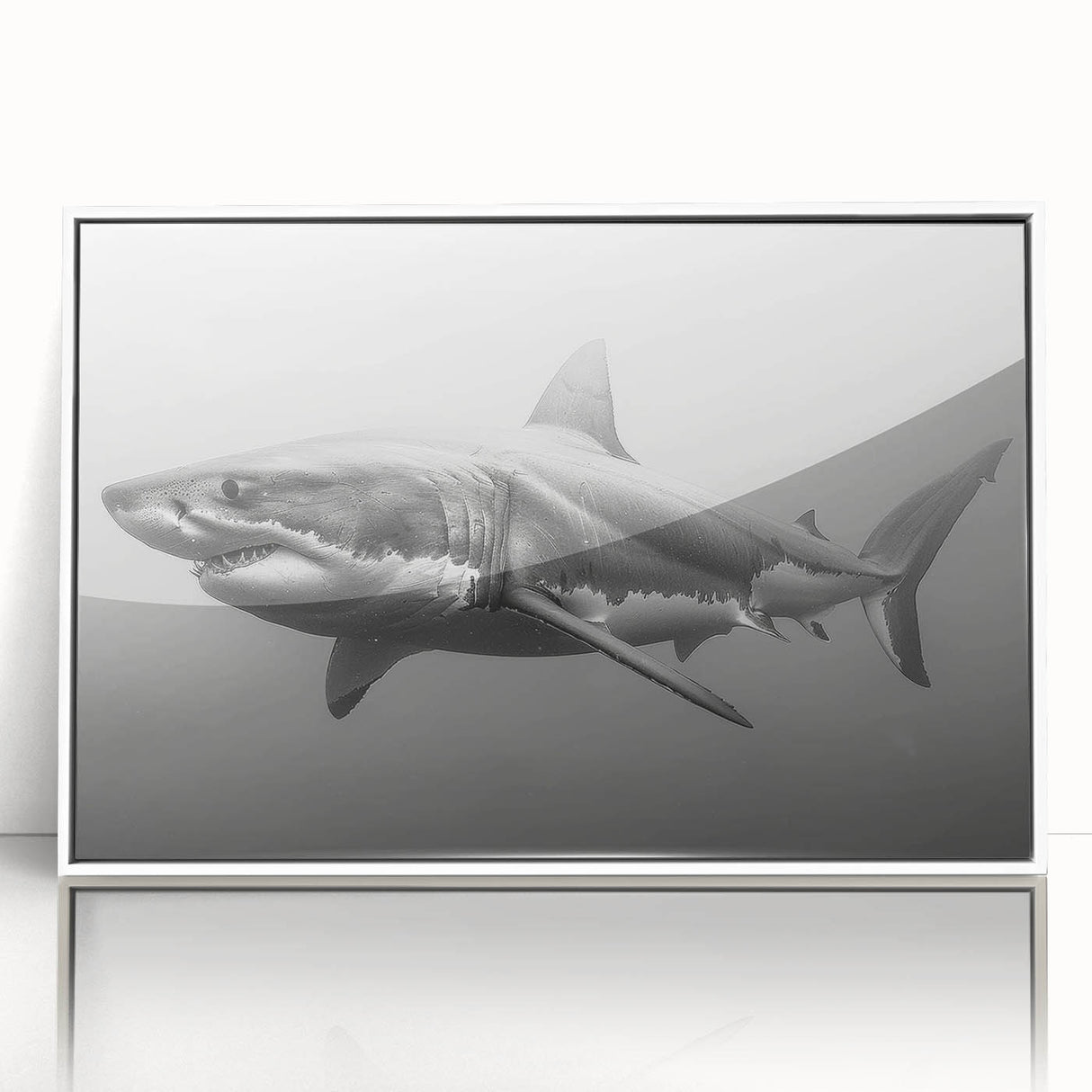 Framed wall art featuring a striking marine life shark design in vibrant colors, presented in a sleek white frame, perfect for ocean-themed decor.