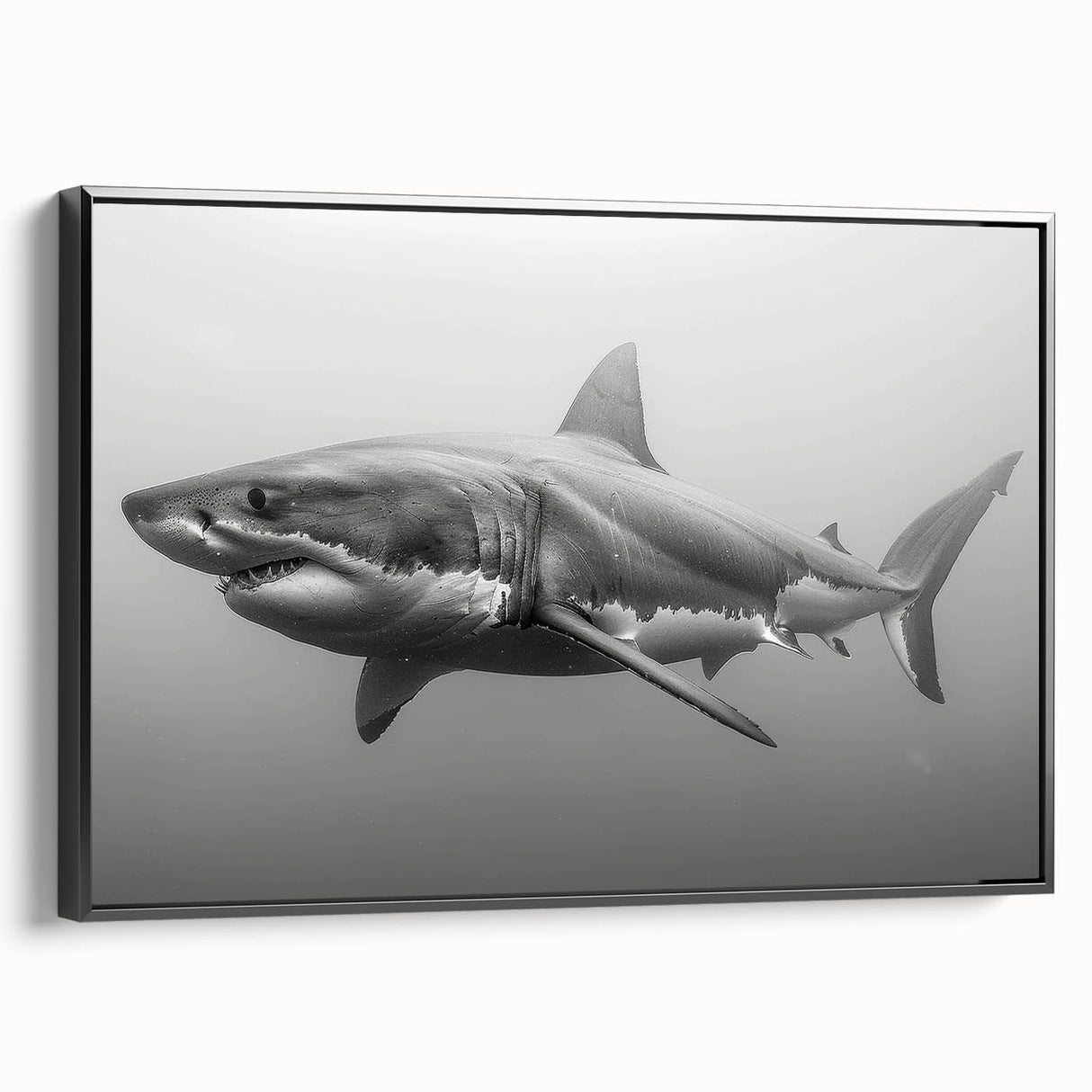 Framed canvas wall art featuring a striking shark design, showcasing vibrant colors and intricate details, perfect for marine life enthusiasts and ocean decor.