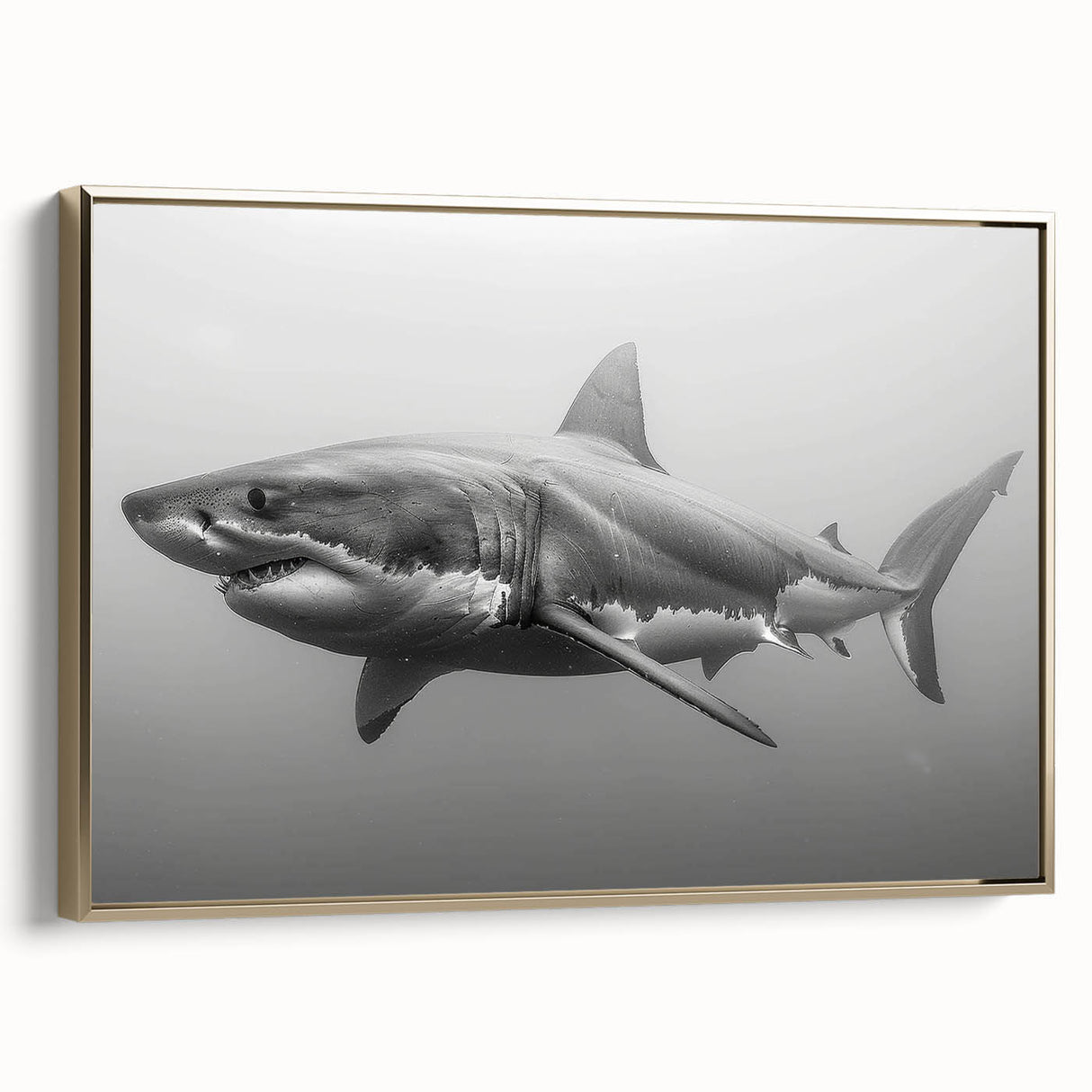 Framed canvas wall art featuring a striking shark design, highlighted by a gold frame. The artwork showcases vibrant marine life colors, perfect for ocean-themed decor.