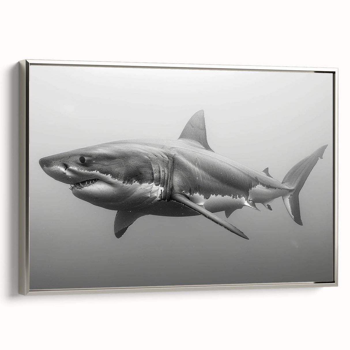 Framed wall art featuring a striking shark design in vibrant colors on a textured canvas, set against a sleek silver frame, ideal for marine life enthusiasts.