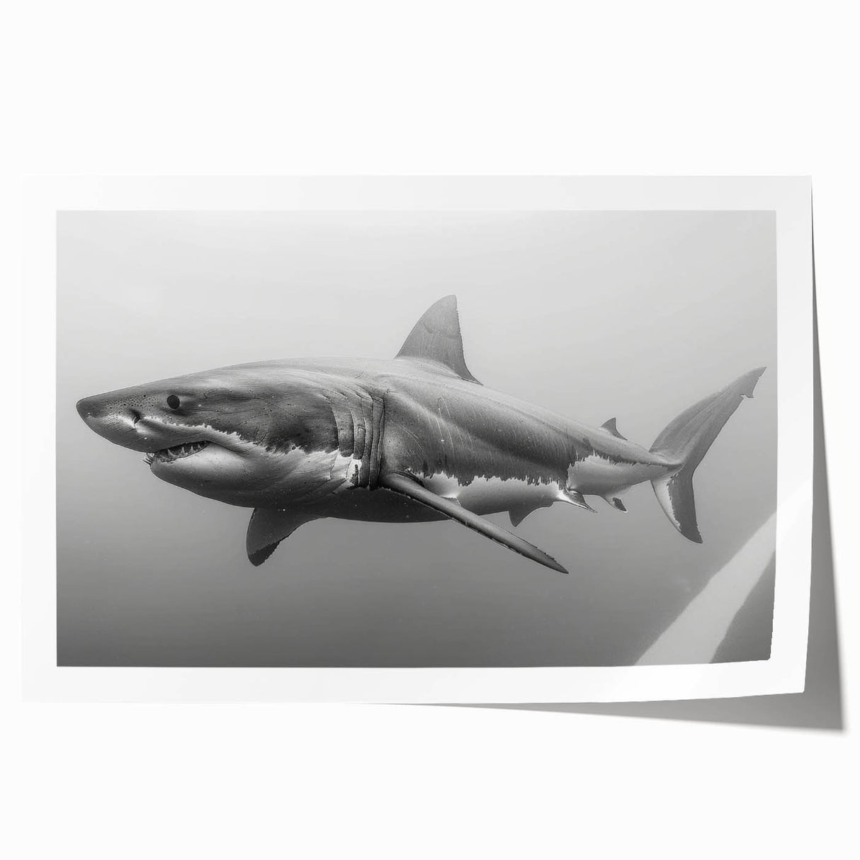 Vibrant rolled wall art print featuring a detailed shark design, showcasing marine life in vivid colors, perfect for ocean-themed decor.