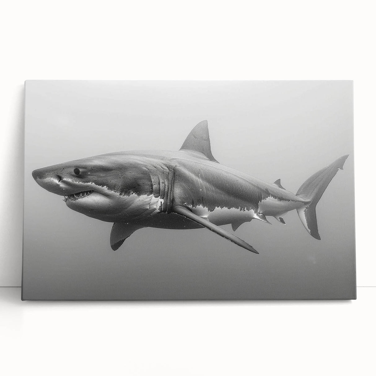 Colorful marine life wall art featuring a stylized shark design on a stretched canvas, leaning against a neutral wall, perfect for ocean-themed decor.