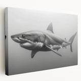 Stretched canvas wall art showcasing a vibrant marine life shark design, featuring shades of blue and green, perfect for ocean-themed decor.